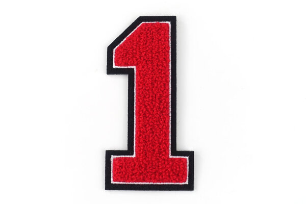 Frottee Aufnäher Zahl 0-9 | Rot, Weiß, Schwarz | 9,5 cm hoch | Varsity Number 1