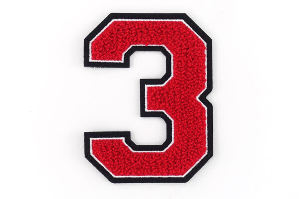 Frottee Aufnäher Zahl 0-9 | Rot, Weiß, Schwarz | 9,5 cm hoch | Varsity Number 3