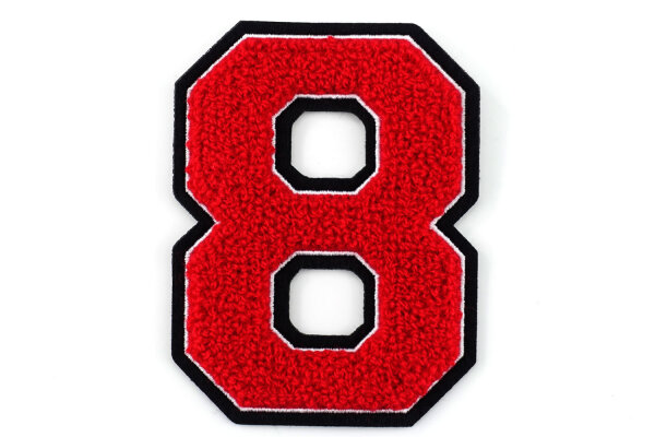 Frottee Aufnäher Zahl 0-9 | Rot, Weiß, Schwarz | 9,5 cm hoch | Varsity Number 8