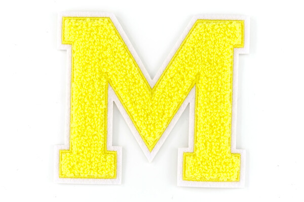 Frottee Aufnäher Buchstabe A-Z | Gelb, Weiß | 9,5 cm hoch | Varsity Letter Patch M