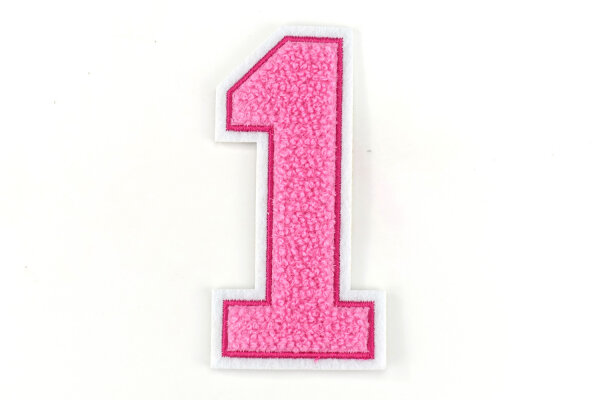 Frottee Aufnäher Zahl 0-9 | Rosa, Pink, Weiß | 9,5 cm hoch | Varsity Number 1
