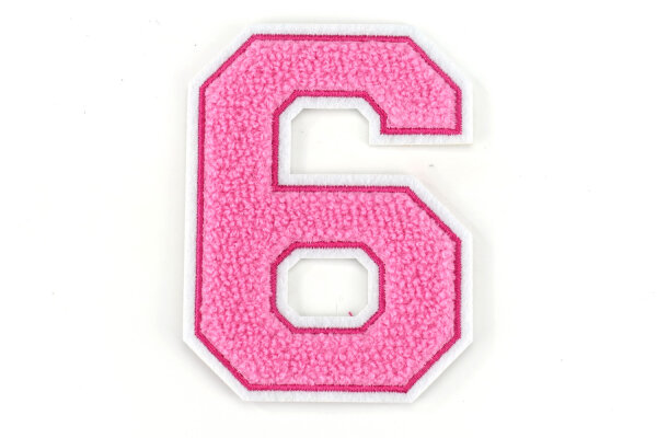Frottee Aufnäher Zahl 0-9 | Rosa, Pink, Weiß | 9,5 cm hoch | Varsity Number 6