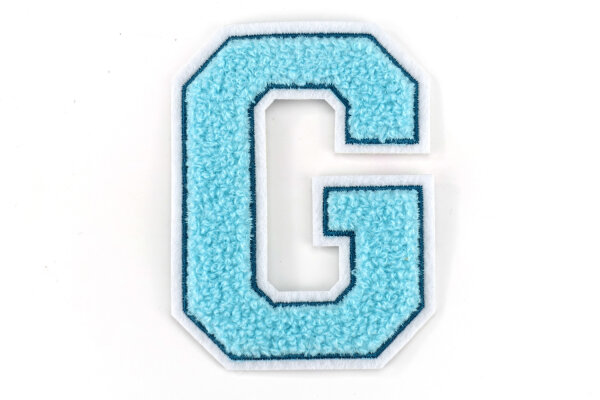 Frottee Aufnäher Buchstabe A-Z | Türkis, Petrol, Weiß | 9,5 cm hoch | Varsity Letter Patch G