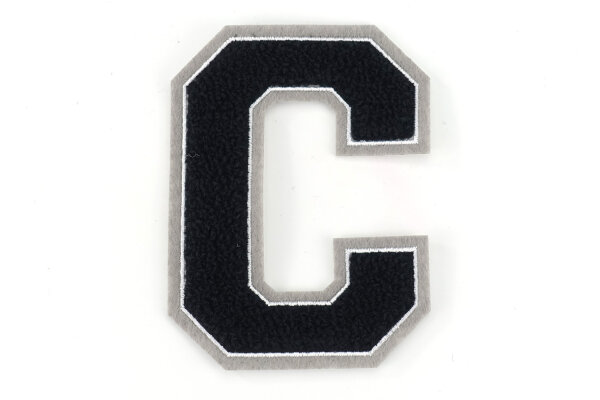 Frottee Aufnäher Buchstabe A-Z | Schwarz, Weiß, Grau | 9,5 cm hoch | Varsity Letter C