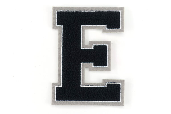 Frottee Aufnäher Buchstabe A-Z | Schwarz, Weiß, Grau | 9,5 cm hoch | Varsity Letter E