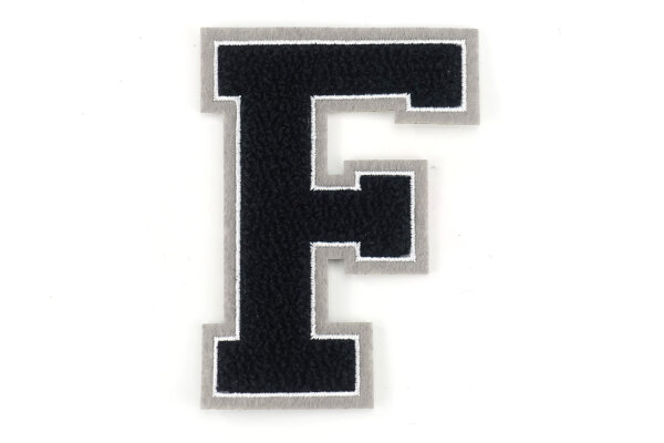 Frottee Aufnäher Buchstabe A-Z | Schwarz, Weiß, Grau | 9,5 cm hoch | Varsity Letter F
