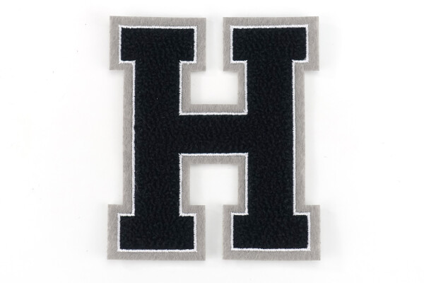 Frottee Aufnäher Buchstabe A-Z | Schwarz, Weiß, Grau | 9,5 cm hoch | Varsity Letter H