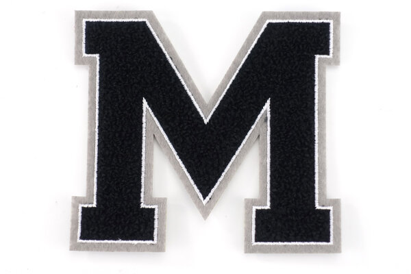 Frottee Aufnäher Buchstabe A-Z | Schwarz, Weiß, Grau | 9,5 cm hoch | Varsity Letter M