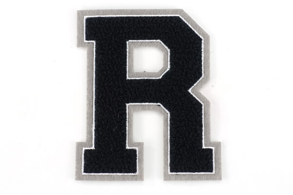 Frottee Aufnäher Buchstabe A-Z | Schwarz, Weiß, Grau | 9,5 cm hoch | Varsity Letter R