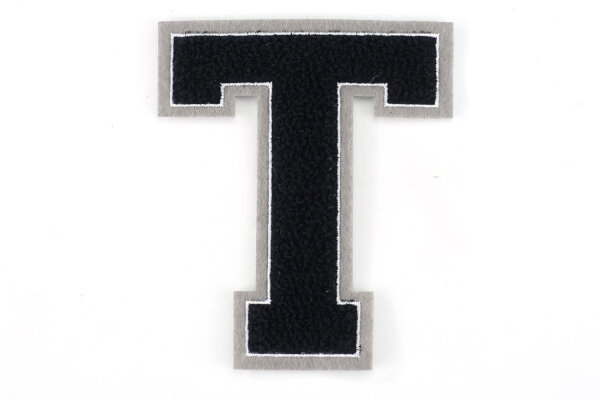 Frottee Aufnäher Buchstabe A-Z | Schwarz, Weiß, Grau | 9,5 cm hoch | Varsity Letter T