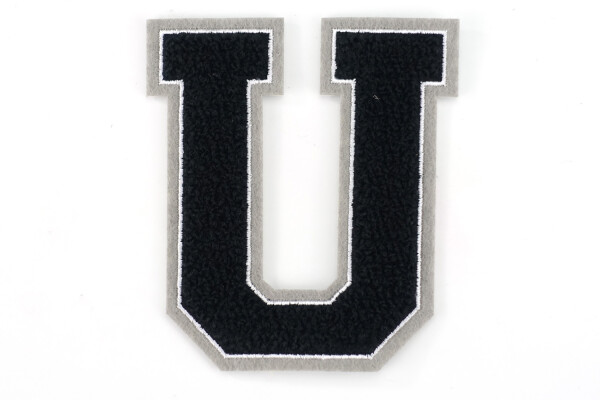 Frottee Aufnäher Buchstabe A-Z | Schwarz, Weiß, Grau | 9,5 cm hoch | Varsity Letter U