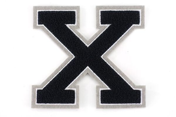 Frottee Aufnäher Buchstabe A-Z | Schwarz, Weiß, Grau | 9,5 cm hoch | Varsity Letter X