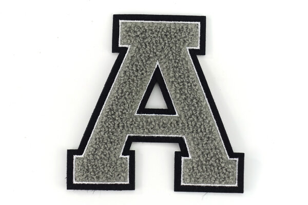 Frottee Buchstabe Aufnäher A-Z | Grau, Weiß, Schwarz | 9,5 cm hoch | Varsity Letter A