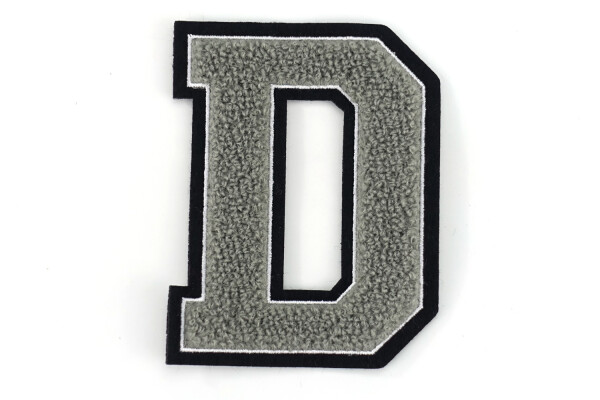 Frottee Buchstabe Aufnäher A-Z | Grau, Weiß, Schwarz | 9,5 cm hoch | Varsity Letter D