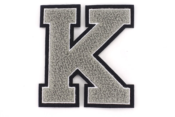 Frottee Buchstabe Aufnäher A-Z | Grau, Weiß, Schwarz | 9,5 cm hoch | Varsity Letter K