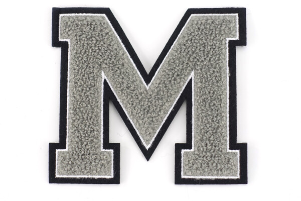 Frottee Buchstabe Aufnäher A-Z | Grau, Weiß, Schwarz | 9,5 cm hoch | Varsity Letter M