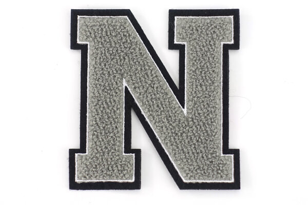 Frottee Buchstabe Aufnäher A-Z | Grau, Weiß, Schwarz | 9,5 cm hoch | Varsity Letter N