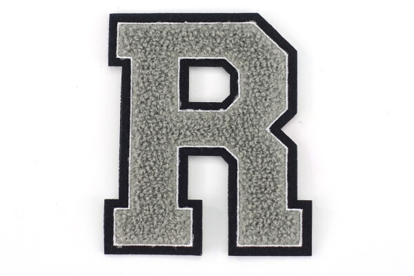 Frottee Buchstabe Aufnäher A-Z | Grau, Weiß, Schwarz | 9,5 cm hoch | Varsity Letter R