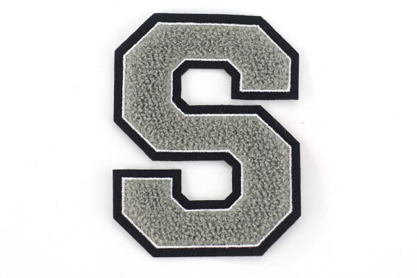 Frottee Buchstabe Aufnäher A-Z | Grau, Weiß, Schwarz | 9,5 cm hoch | Varsity Letter S