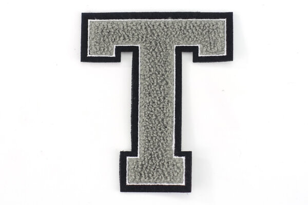 Frottee Buchstabe Aufnäher A-Z | Grau, Weiß, Schwarz | 9,5 cm hoch | Varsity Letter T