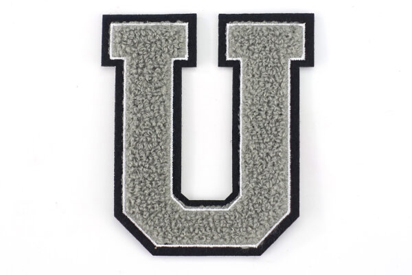 Frottee Buchstabe Aufnäher A-Z | Grau, Weiß, Schwarz | 9,5 cm hoch | Varsity Letter U