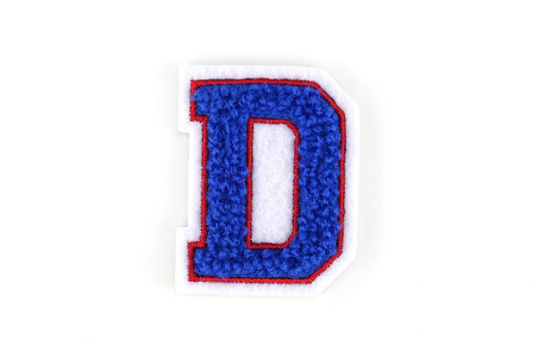 Kleine Frottee-Aufnäher | Buchstabe 4,2 cm hoch | Blau, Rot, Weiß | D