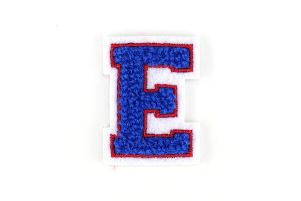 Kleine Frottee-Aufnäher | Buchstabe 4,2 cm hoch | Blau, Rot, Weiß | E
