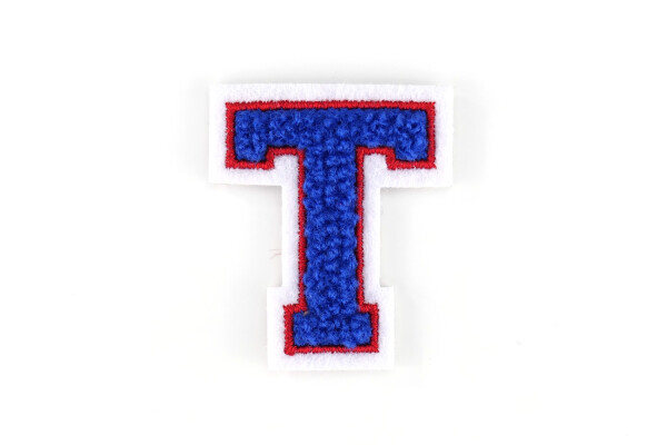 Kleine Frottee-Aufnäher | Buchstabe 4,2 cm hoch | Blau, Rot, Weiß | T