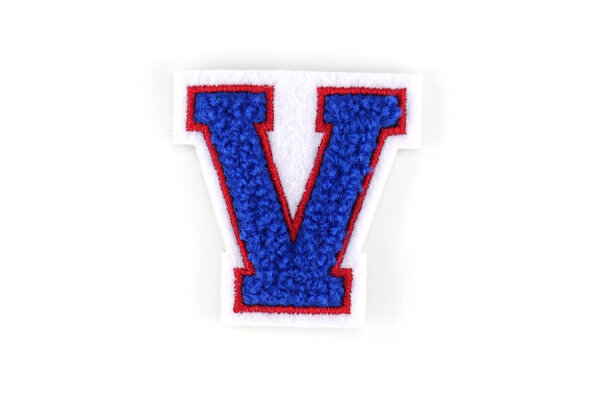 Kleine Frottee-Aufnäher | Buchstabe 4,2 cm hoch | Blau, Rot, Weiß | V