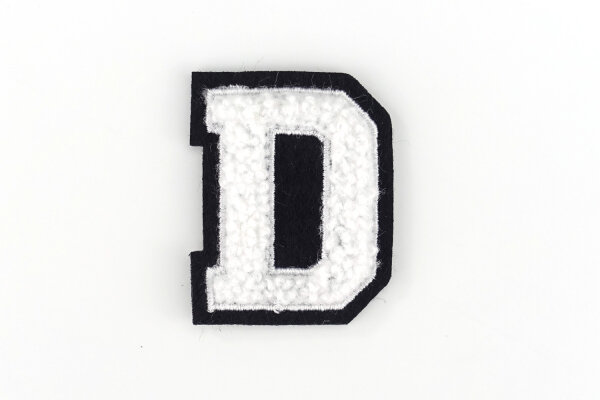 Kleiner Buchstaben-Aufnäher 4,2 cm hoch | Chenille-Frottee Weiß, Schwarz | D