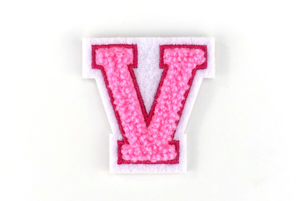 Kleiner Buchstaben Aufnäher 4,2 cm hoch | Frottee Rosa, Pink, Weiß | V