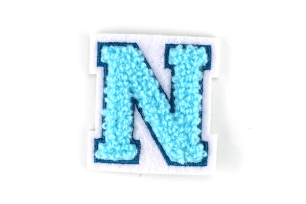 Kleiner Buchstaben Aufnäher 4,2 cm hoch | Frottee Chenille Türkis, Petrol, Weiß | N