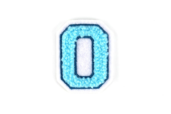 Kleiner Buchstaben Aufnäher 4,2 cm hoch | Frottee Chenille Türkis, Petrol, Weiß | O
