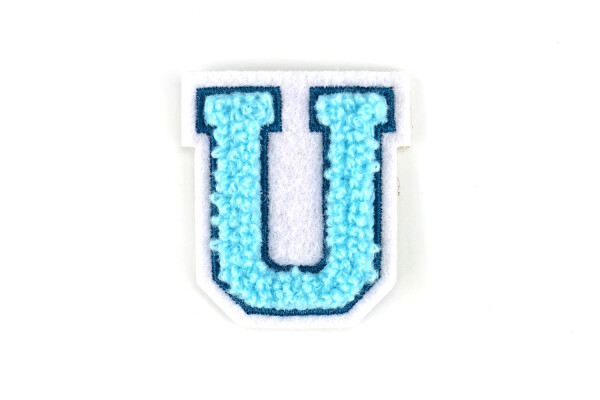 Kleiner Buchstaben Aufnäher 4,2 cm hoch | Frottee Chenille Türkis, Petrol, Weiß | U